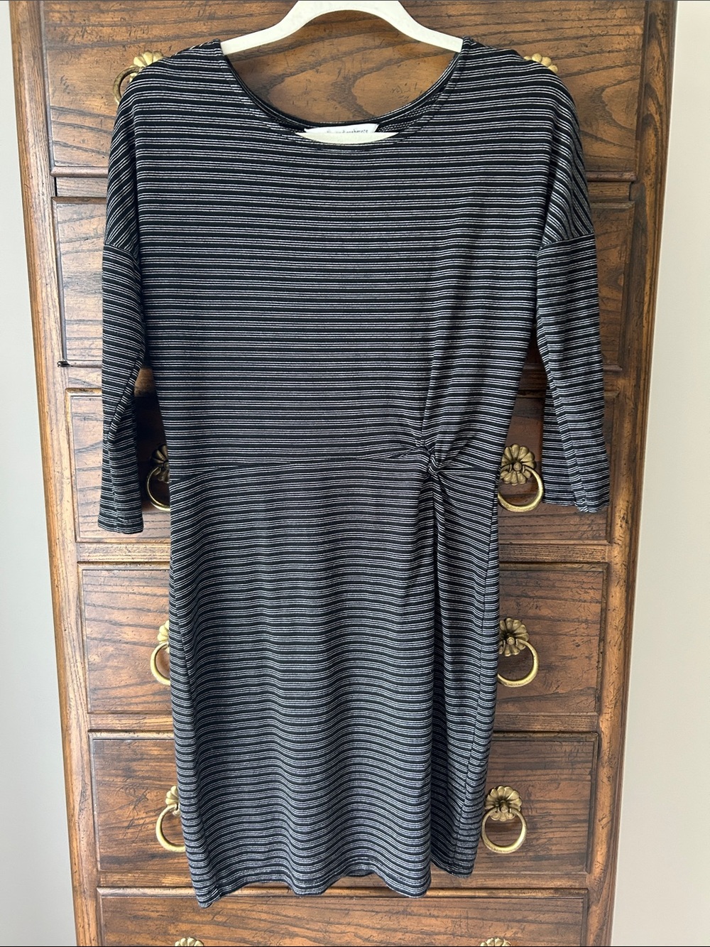 cupcakes & cashmere Black and Gray Striped Midi Dress with Side Twist, Size M